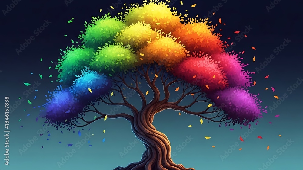 Fototapeta premium A colorful tree with rainbow leaves and falling leaves on a dark background