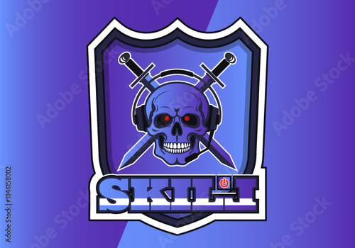 Vector graphic purple emblem. Computer electronic team crest. Shield, crossed swords, human skull, gaming headset with microphone. Skill. Sticker or label. Headphone