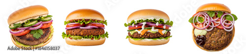 Four veggie burgers with tomato onion lettuce and sauces on buns against a plain backdrop view on transparent background