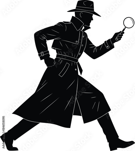Detective Silhouette Walking with Magnifying Glass – Isolated on Transparent Background Black Investigation Vector