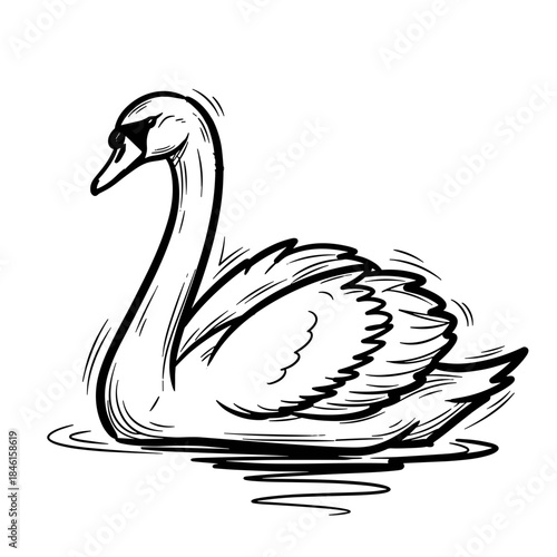 Swan swimming on water in black and white sketch style  