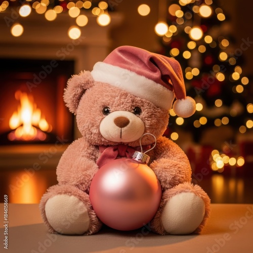 Wallpaper Mural Adorable teddy bear in santa hat holding a pink christmas ornament by fireplace Torontodigital.ca