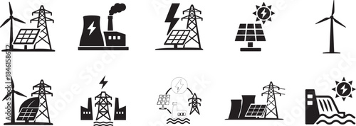   Vector art energy and power generation icon set for electricity and renewable systems EPS.