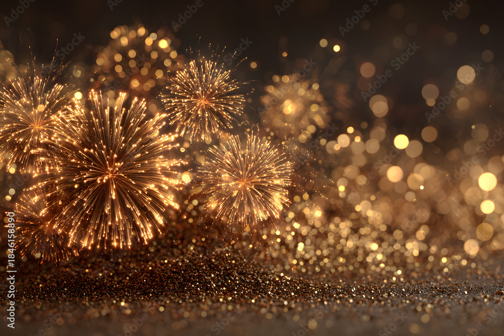 Fototapeta premium abstract gold glitter background with fireworks. christmas eve, new year and 4th of july holiday concept.