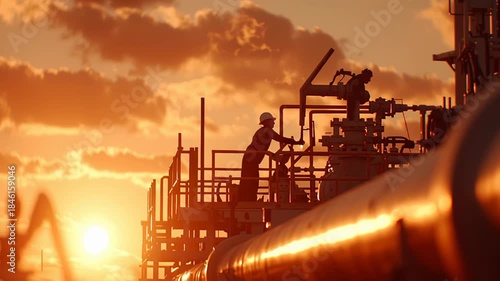 Industrial worker managing pipeline valves near silhouetted machinery, golden sunset illuminating skilled energy sector labor against dramatic industrial skyline