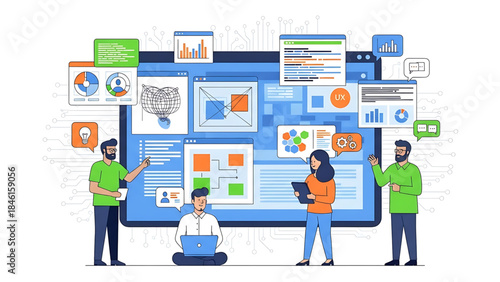 A businessman uses a mobile tablet PC to manage a social network connection through a web technology interface featuring cartoon communication icons and vector design symbols for modern office work