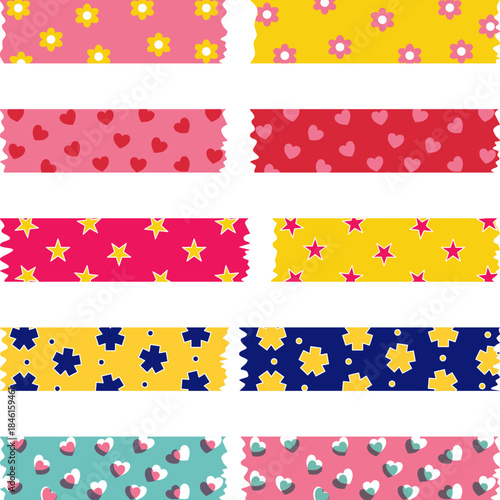 Colorful Japanese tape washi, masking paper, scrapbook pattern, decoration frame with color , craft sticky set isolated.