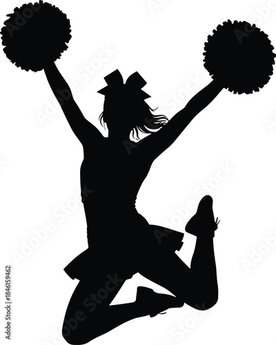 Silhouette of jumping cheerleader with pom poms illustration, energetic dance pose vector design for sports, motivation, celebration, performance, and team spirit concept.