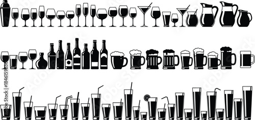Drinkware, silhouette, glass, bottle, mug, tumbler, cocktail, wine, beer, liquor, straw, garnish, black, white, vector, flat, collection, illustration, cad drawing flat vector illustration