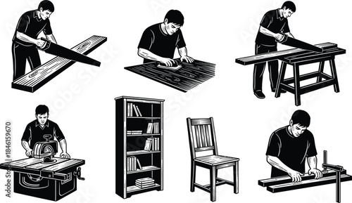 Woodworking, silhouette, carpentry, tools, saw, sanding, clamp, measuring, furniture, chair, bookshelf, workbench, process, black, white, vector, flat, illustration,