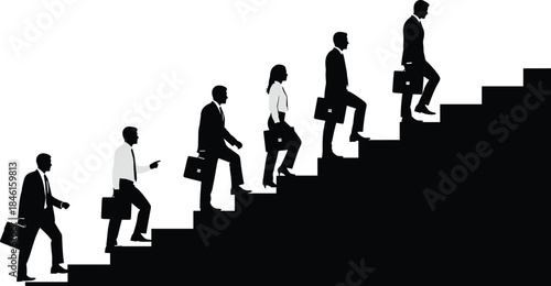 Business, professional, silhouette, staircase, career, growth, success, ambition, briefcase, teamwork, corporate, ladder, progress, black, white, vector, flat, illustration, 