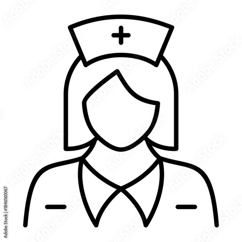 Female Nurse with Traditional Uniform Cap Line Icon. Representing nursing services, patient care, medical aid, and professional healthcare staff.