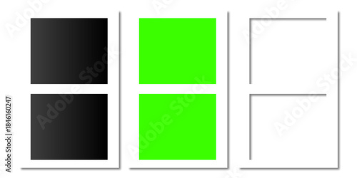 Minimal website wireframe layout with polaroid photo frame placeholders and green screen areas for UI UX design presentation prototype and web mockup
