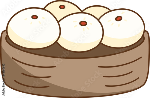 Cartoon illustration of brown steamed buns in a bamboo steamer for dim sum.