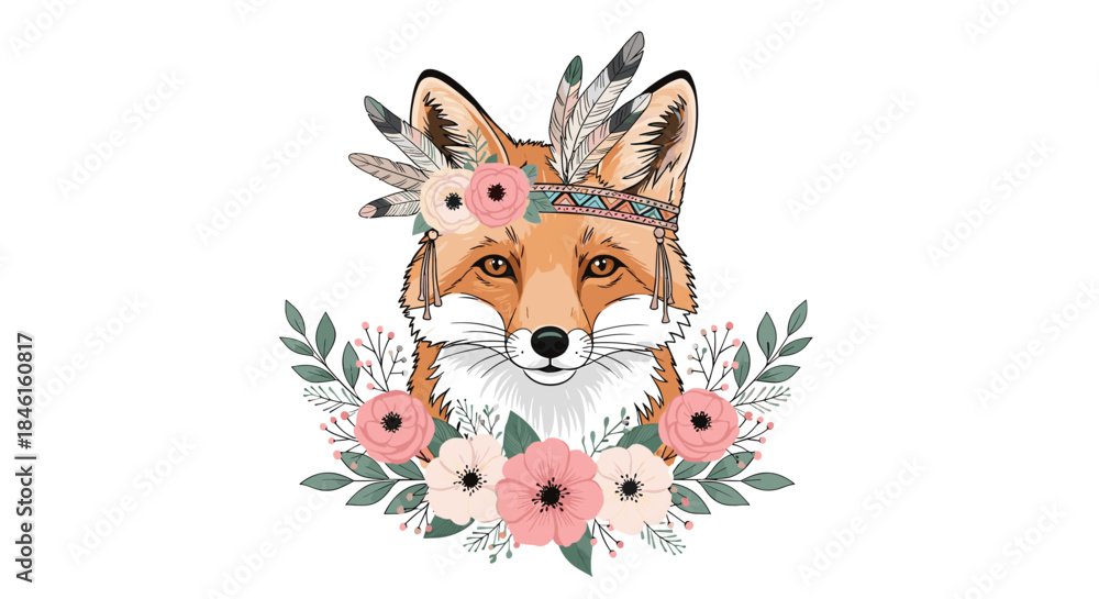 Obraz premium Boho-style portrait of a beautiful fox with a floral and feather headband, framed by a wreath of pink flowers and green leaves.