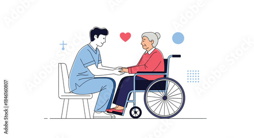 Caring male nurse in blue scrubs comforting an elderly woman in a wheelchair in a modern, minimalist line art illustration.