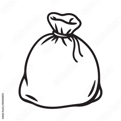 A black and white line art drawing featuring a bulging sack tied tightly at the top.