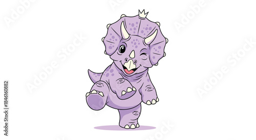 Playful purple baby triceratops dinosaur cartoon character winking and dancing on one leg, isolated on a clean white background.
