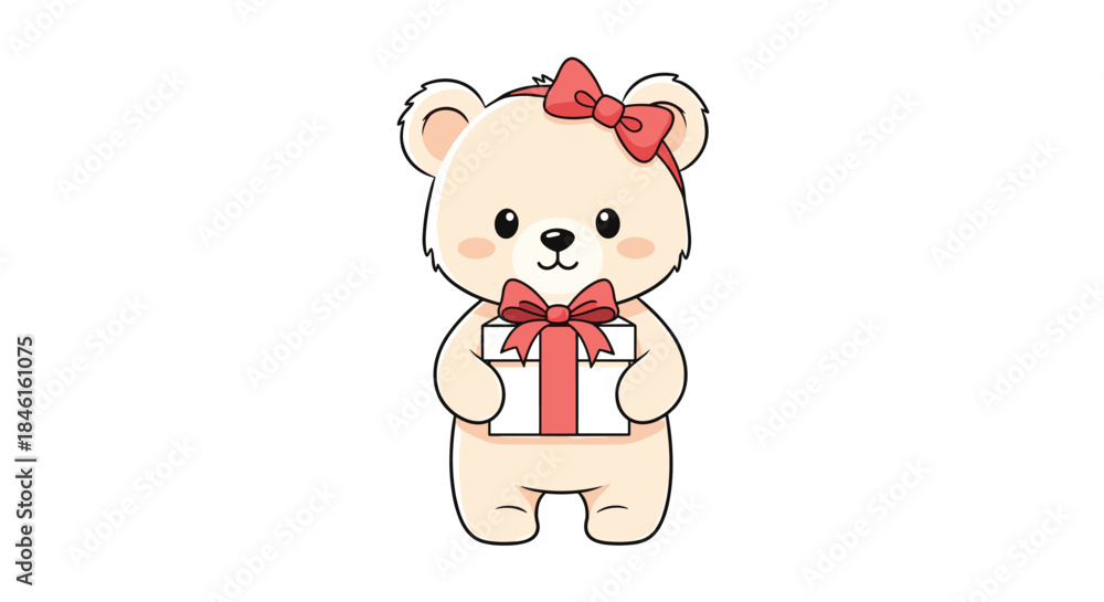 Obraz premium Sweet and simple cartoon of a cute girl teddy bear with a red bow on her head, holding a white gift box with a red ribbon.