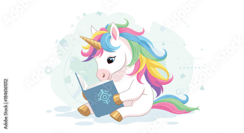 Adorable cartoon unicorn with a rainbow mane and tail sitting down and attentively reading a blue book on a light green background.