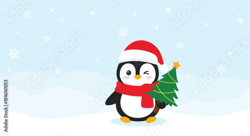 Winking cartoon penguin in a Santa hat and red scarf holding a small decorated Christmas tree in a snowy winter landscape scene.
