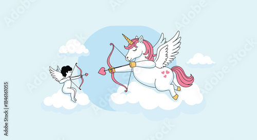 Valentine's day scene with a magical winged unicorn and a little cupid flying in the clouds, both aiming their bows and arrows.