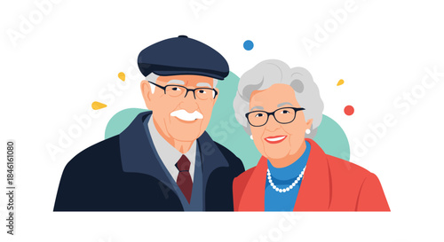Happy and smiling elderly couple portrait illustration showing a man with a mustache and a woman with pearls on an abstract background.