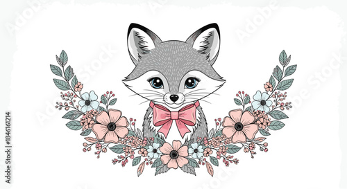 A beautifully hand-drawn portrait of a cute grey fox with a large pink bow, framed by a delicate wreath of pastel flowers.
