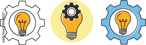 Creative Idea and Innovation Icons with Light Bulb and Gear Symbols in Modern Flat Vector Illustration Style