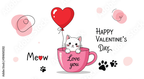 A cute white kitten in a pink mug with 'Love you' text, holding a red heart balloon for a Happy Valentine's Day greeting.
