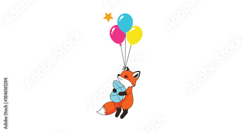 Charming little fox character flying through the air, holding onto a bunch of colorful balloons and a decorated Easter egg.