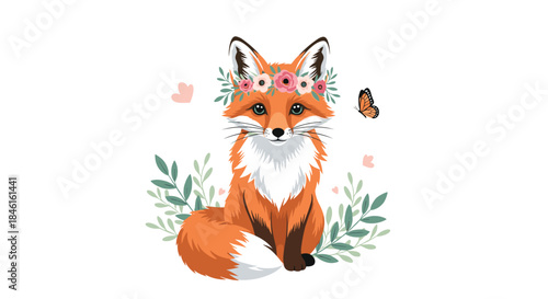 A beautiful red fox character with a floral crown sits among green foliage, looking at a butterfly on a white background.