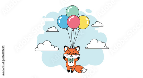 An adorable cartoon fox with a green bow tie is floating in the sky, lifted by a bunch of colorful party balloons.