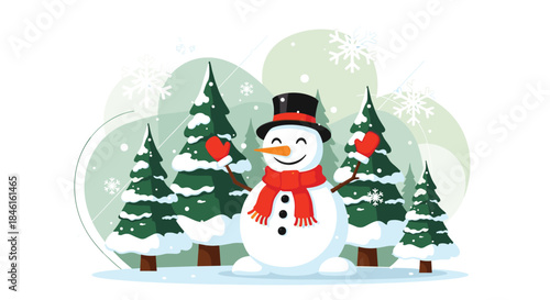 A joyful cartoon snowman wearing a top hat and red scarf, waving happily in a snowy forest of pine trees under falling snowflakes.