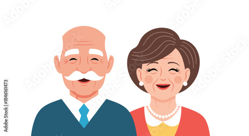 A cheerful portrait illustration of a laughing elderly couple, a man with a white mustache and a woman with pearl jewelry.