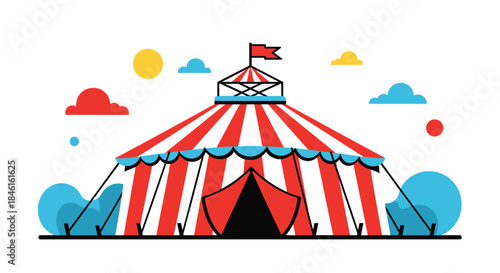 A vibrant and colorful illustration of a classic red and white striped circus tent under a blue sky with stylized clouds.