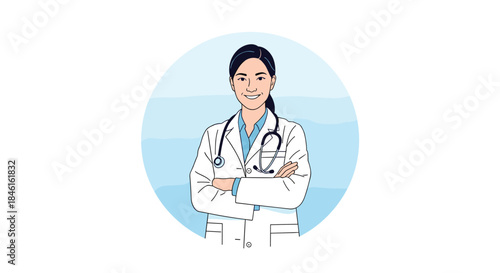 A confident and smiling female doctor with a stethoscope and folded arms, depicted in a hand-drawn sketch style illustration.