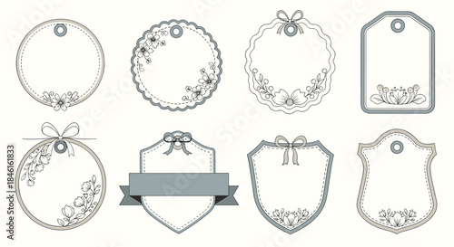 A collection of elegant vintage-style gift tags in various shapes, decorated with delicate floral drawings, ribbons, and stitched borders.