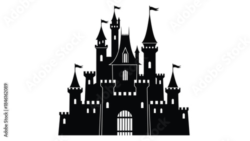 Black silhouette of a fairytale castle with multiple towers and flags