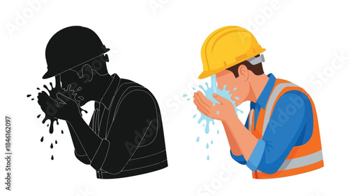 Construction worker washing face color illustration and its corresponding silhouette