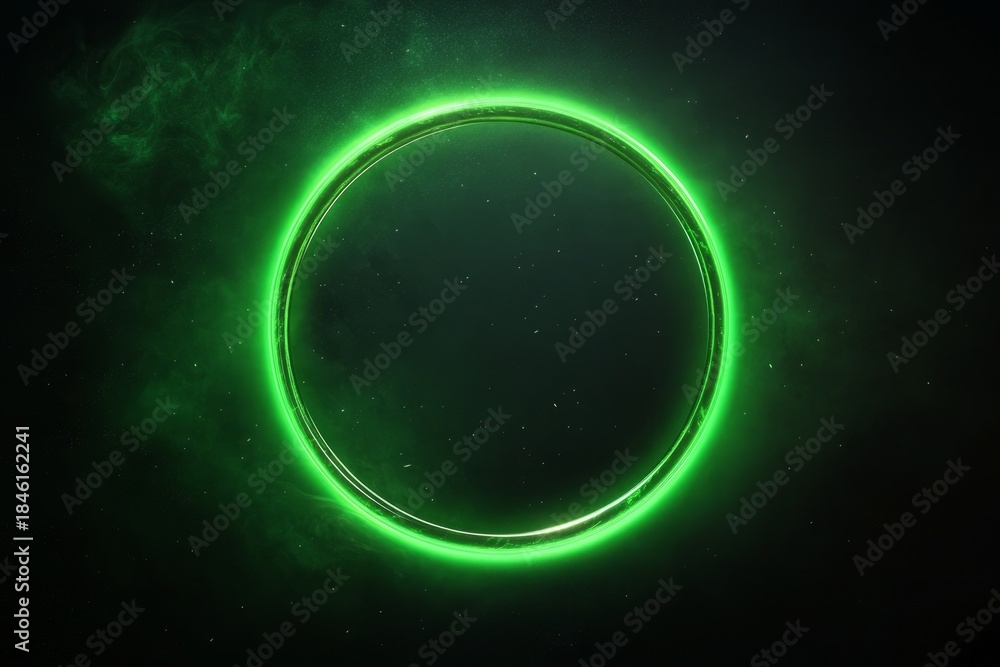 Fototapeta premium Vibrant Glowing Neon Green Ring Isolated on Deep Black Cosmic Background with Faint Stardust