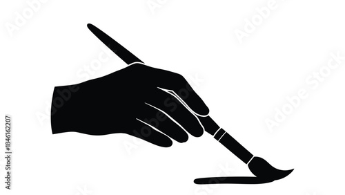 A black and white illustration of a hand holding a paintbrush