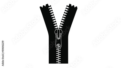 A simple black and white illustration of an open zipper on a white background
