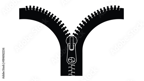 A black zipper with the slider down shown against a white background