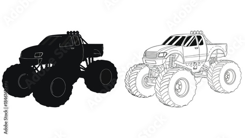 Monster truck illustrations a shaded silhouette and a detailed line drawing