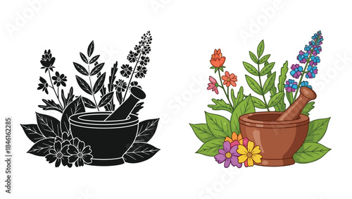 Floral arrangement with a mortar and pestle depicted in color and monochrome