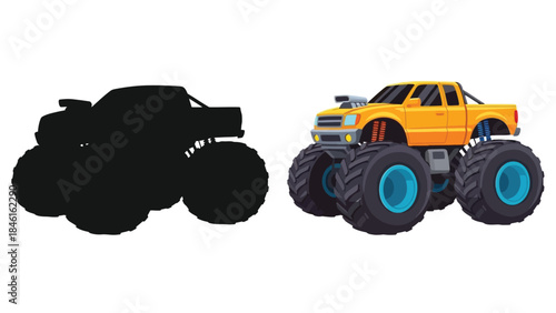 Cartoon illustration of a monster truck with its silhouette counterpart