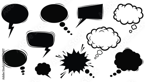 Collection of diverse black speech bubbles and thought balloons vector illustration