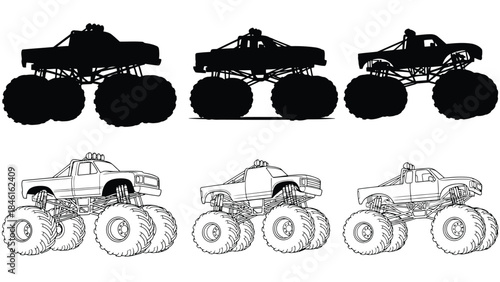 Three monster trucks in silhouette and line art side and front views