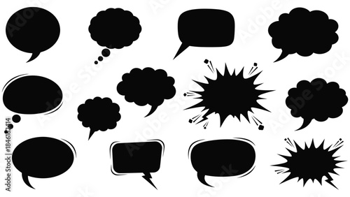 Collection of various black speech bubbles and thought bubbles on a white background